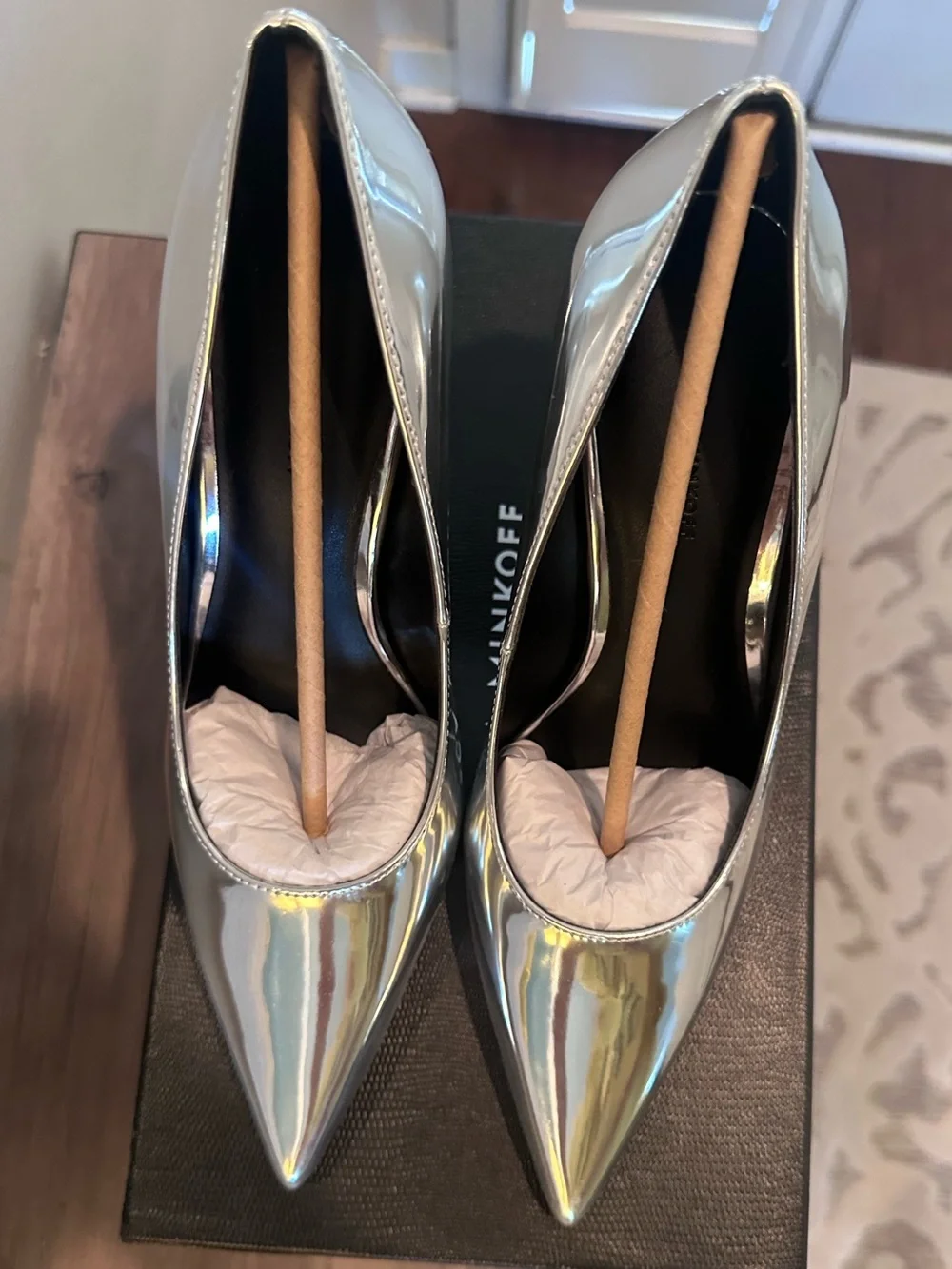 Rebecca Minkoff West Mirror Metallic Silver Block Heel Pumps NIB Size 7.5